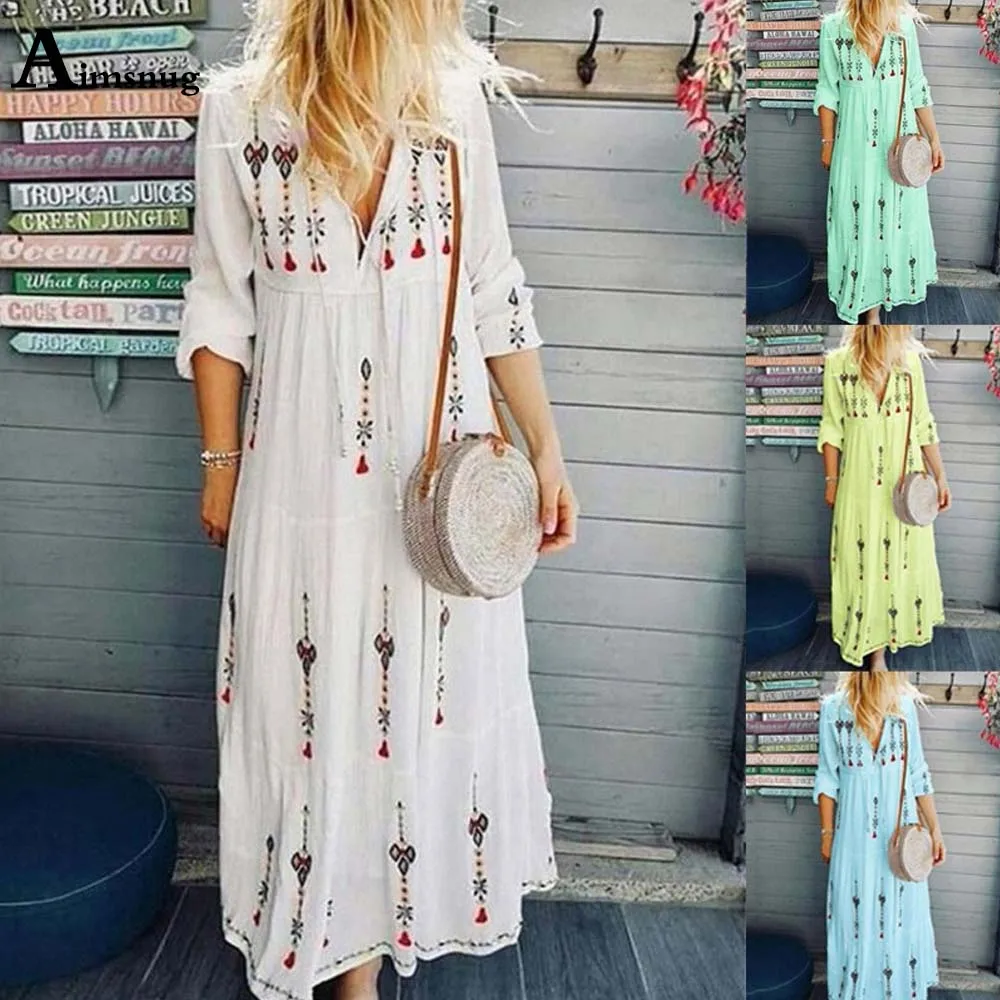 

Plus Size Boho Flower Print Sweet Dress For Women Leisure Three Quarter Sleeve Party Dress 2021 Summer Long Maxi Dresses Femme