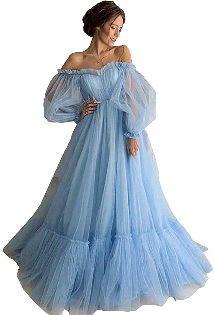 Женское платье с открытыми плечами и пышными рукавами для выпускного вечера