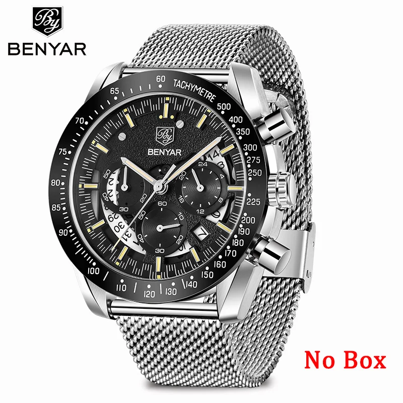 Silver Yellow No Box Новинка, мужские часы BENYAR, повседневные, с сетчатым ремешком, модные наручные часы для мужчин, s, Роскошные, кварцевые, с хронографом, водонепроницаемые часы, Relogio Masculino - Цвет: Silver Yellow No Box