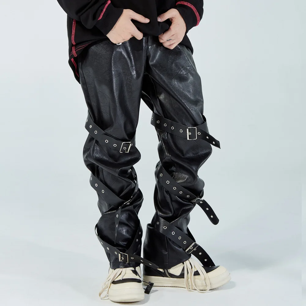 

EukaaRu Punk Style Strap Design PU Leather Pants Men's High Street Fashion Loose Straight Pants Casual Pants Hip Hop Trousers