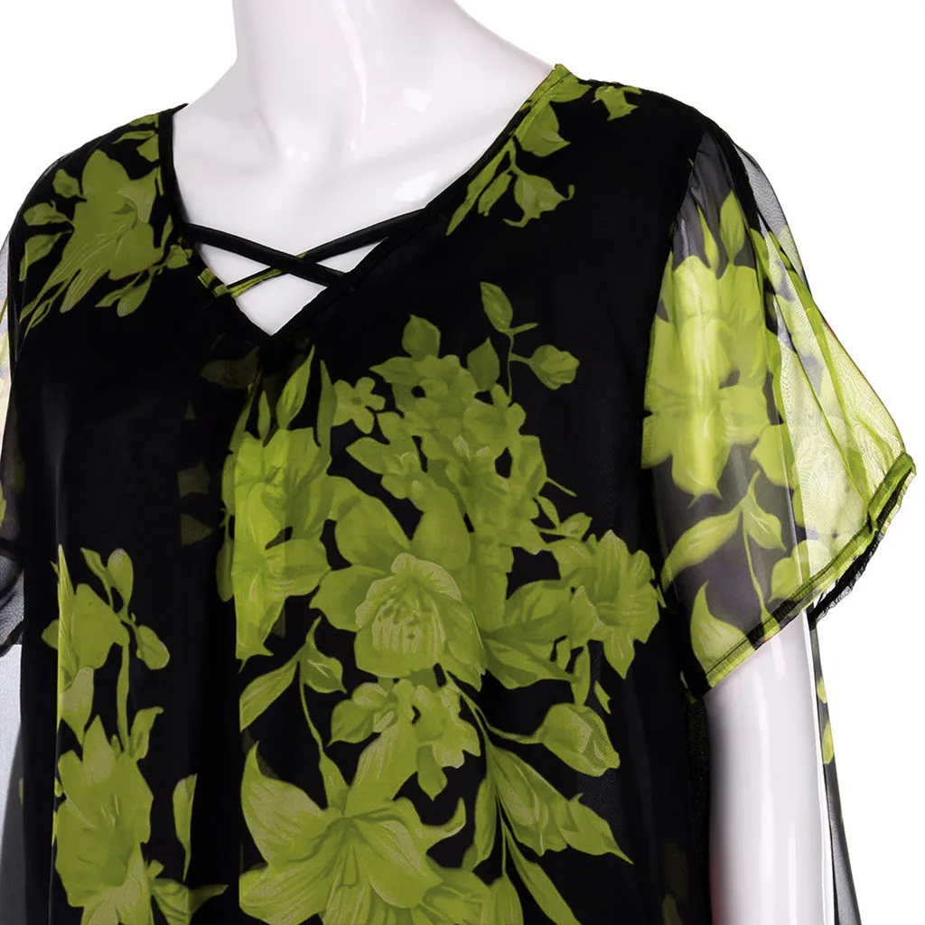 Double Chiffon Print Blouse Women Short Sleeve Loose Shirt Tops Plus Size Bluzka Damska Blouses Camisa Feminina | Женская одежда