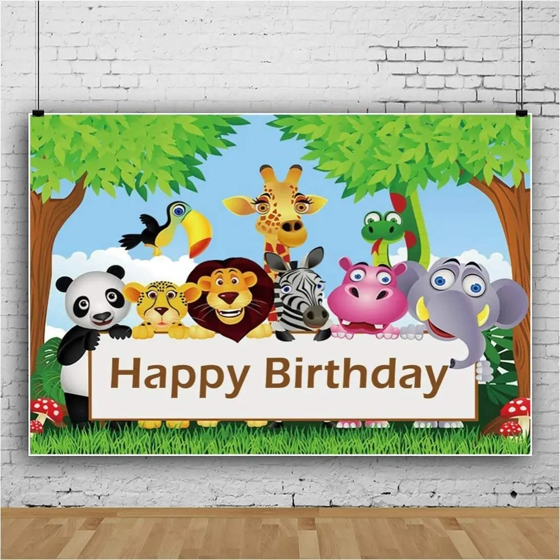 

Cartoon Wild Animal Birthday Party Photography Backdrop Zoo Grassland Wildlife Park Hippo Lion Panda Elephant Giraffe Background