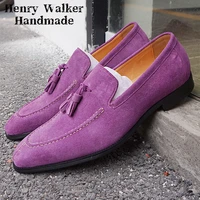 new fashion men suede shoes men tassel loafers casual shoes black purple men dress shoe wedding banquet genuine leather man shoe