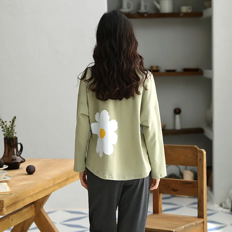 

Autumn Knitted Cotton Women Pajamas Floral Pyjamas Womens Long Tops+Long Pants Two Pieces Set Sleepwear Big Size Girls Homewear