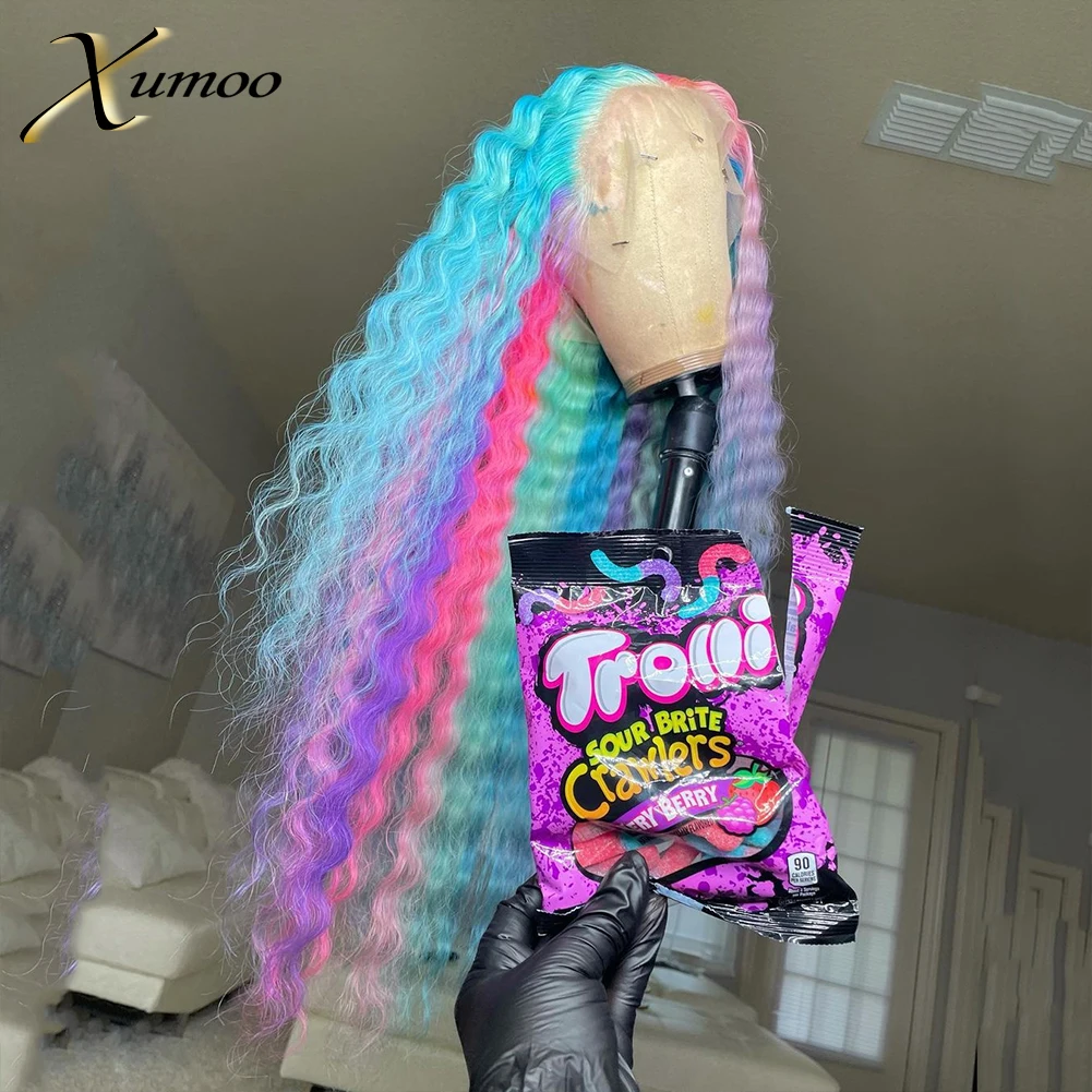 XUMOO Радужный парик с глубокой волной на шнуровке спереди необработанные