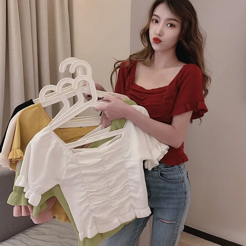 

Женская однотонная Элегантная футболка с квадратным воротником, модная повседневная трикотажная футболка с коротким рукавом