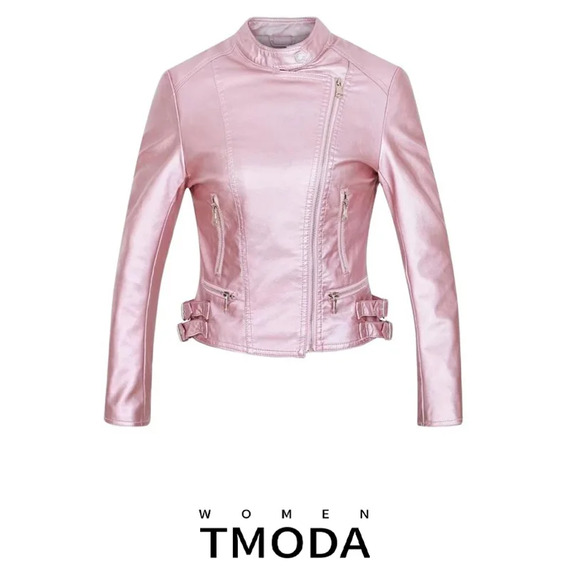 Куртка TMODA262 женская из искусственной кожи мотоциклетная блестящая розовая
