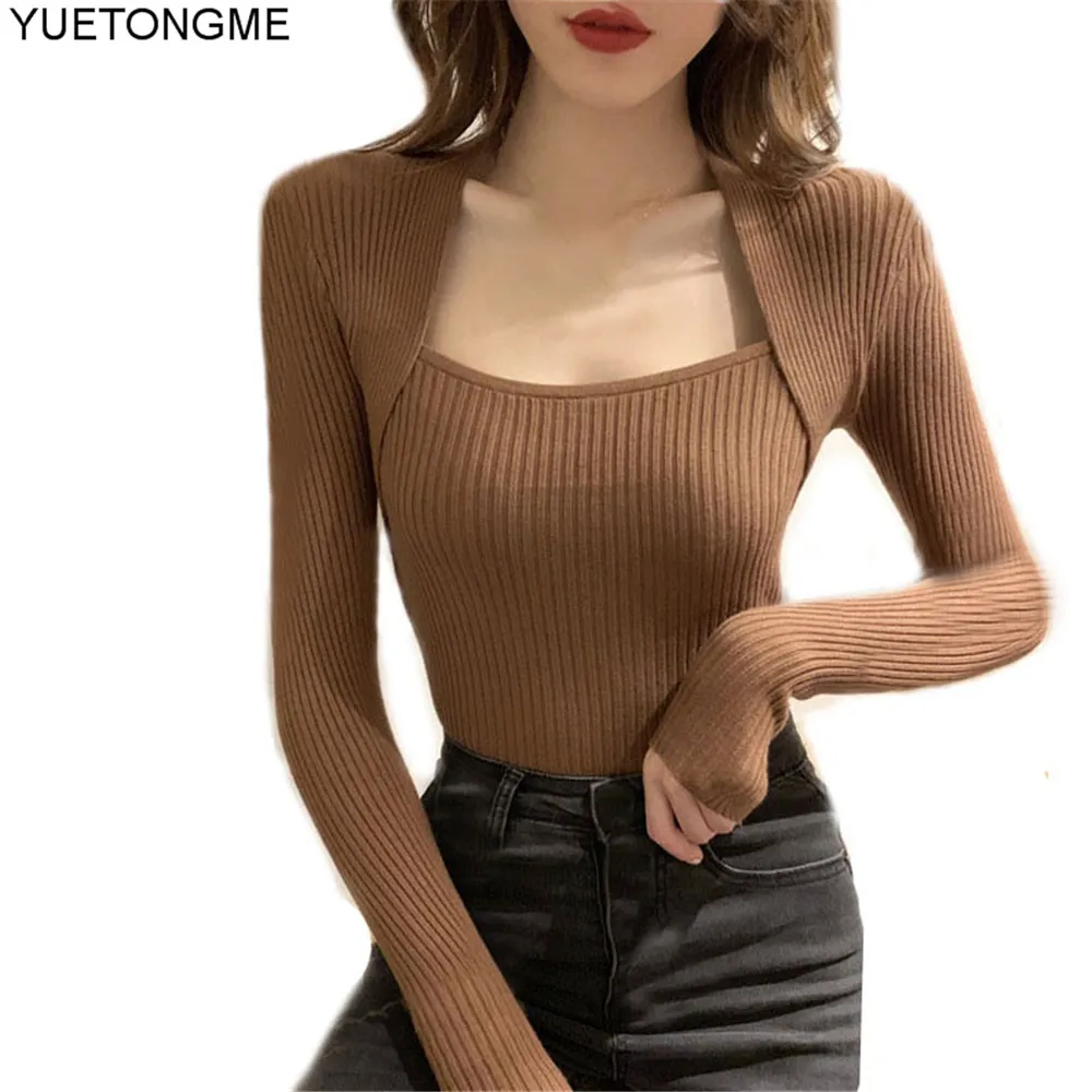 Женский трикотажный пуловер с квадратным воротником и длинным рукавом