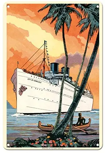 

S.S. City of Honolulu - Boat Day Hawaii - Los Angeles Steamship Company1920s - Vintage Metal Tin Sign