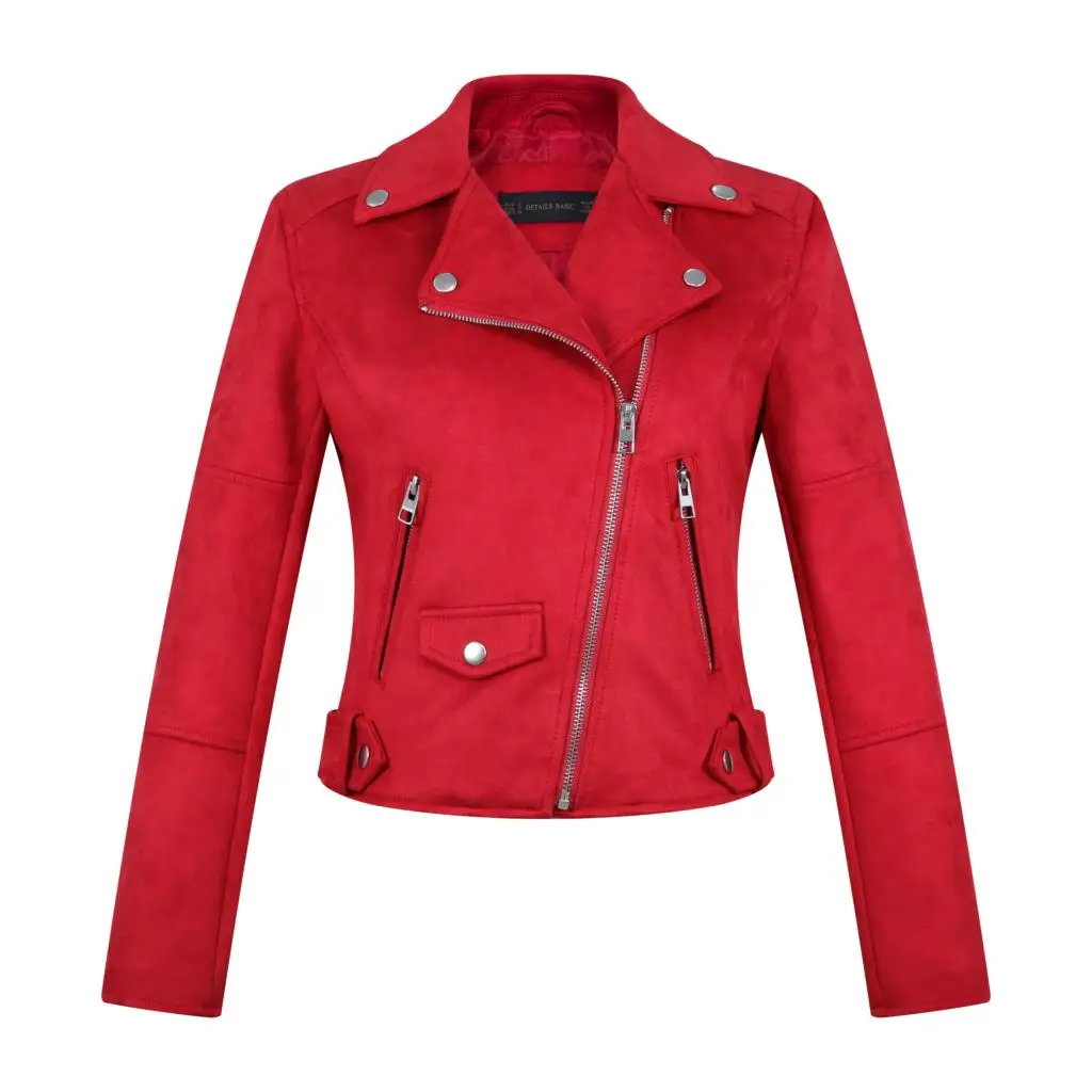 2021 New Elegant Autumn Winter Zipper Basic Suede Jacket Coat Motorcycle Jacket Women Outwear Red Slim Short Winter Jackets