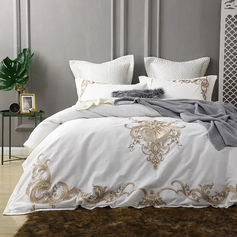 

Golden embroidery egyptian cotton white luxury Bedding Set king queen bed cover set Bedsheets Duvet quilt Cover set pillowcase