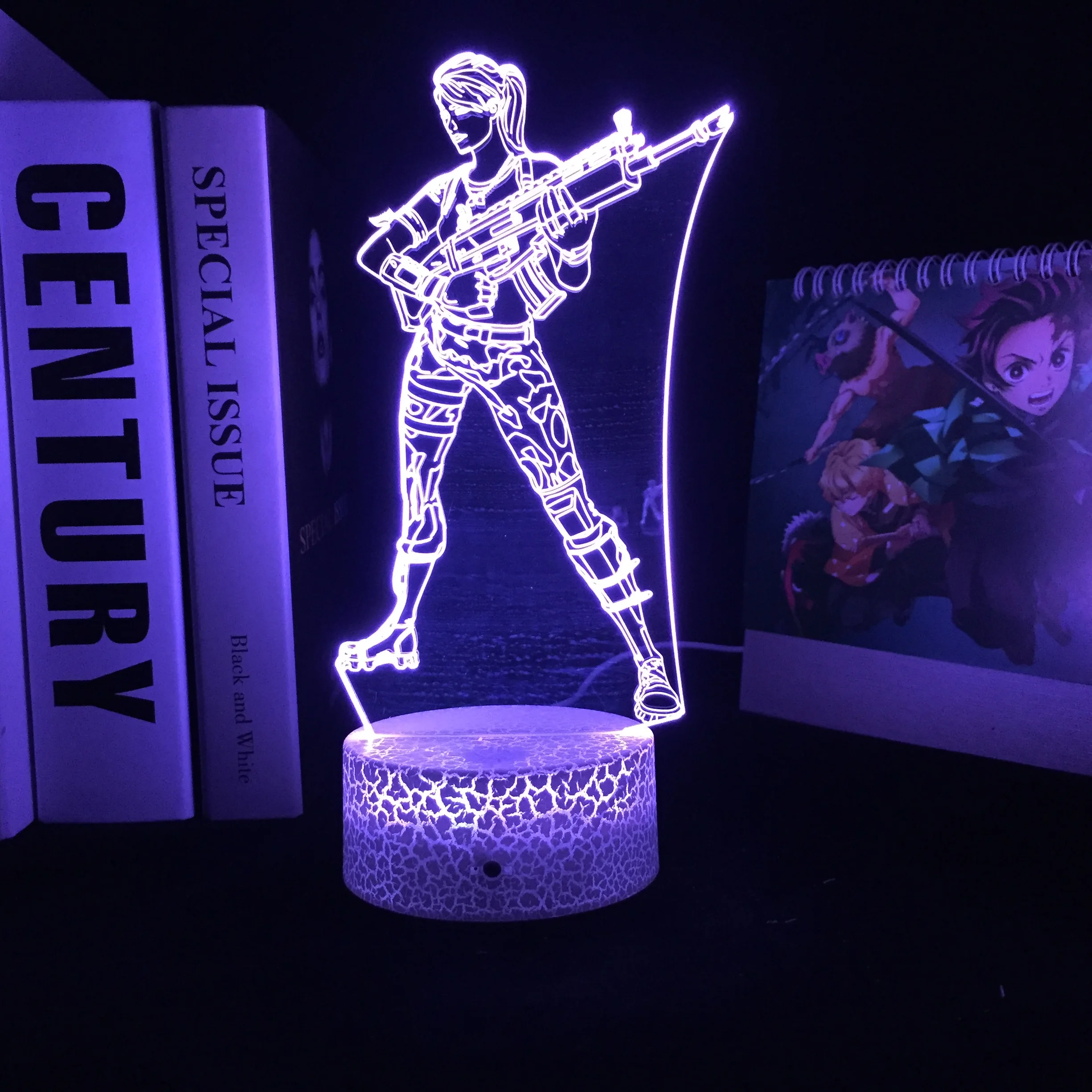 

Женский солдат с пистолетом, 3d-лампа, визуальная иллюзия, белая треснувшая основа, акриловая световая направляющая, пластина для детей, праз...