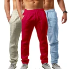 Прямые свободные брюки из хлопка и льна, Мужские дышащие однотонные брюки, спортивная уличная одежда, мужская одежда