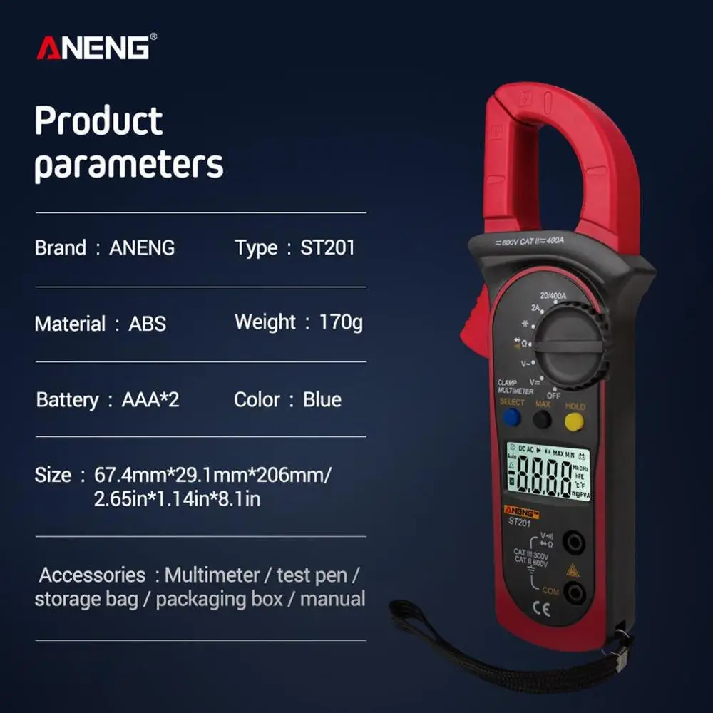 

ANENG ST201 1999 Counts Digital Clamp Meter Multimeter DC/AC Voltage Ammeter Resistance capacitance Diode Tester Data Hold