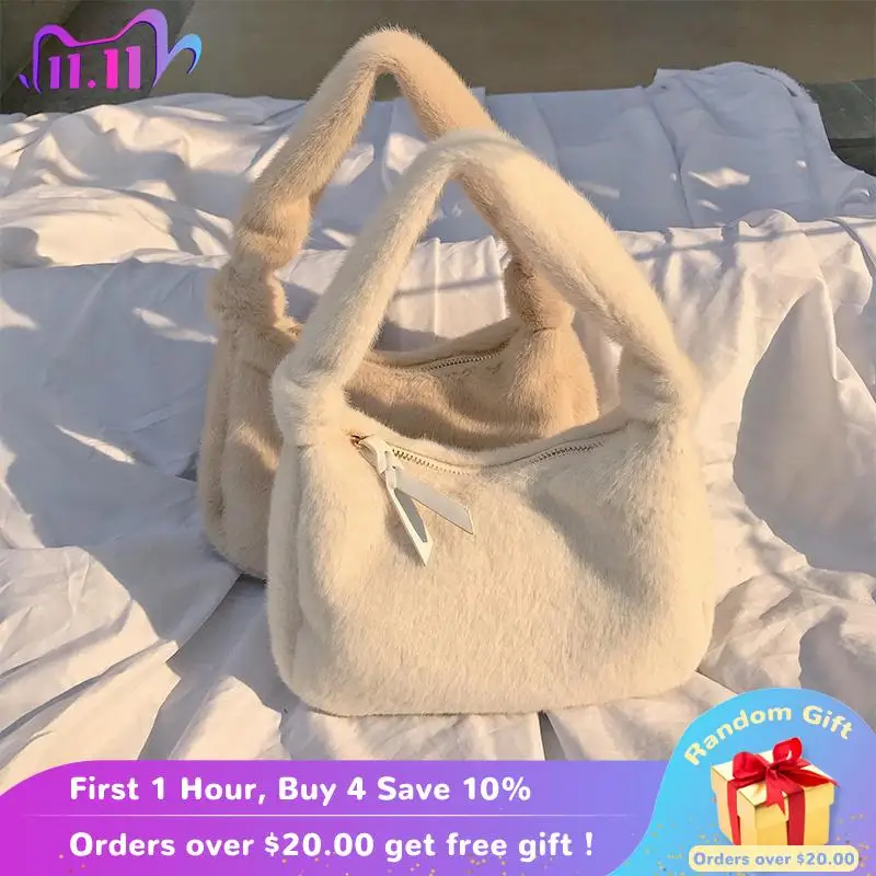 

Мягкие плюшевые маленькие сумочки для женщин, зимние модные женские сумки-Хобо, сумки на плечо, роскошный женский клатч из искусственного м...