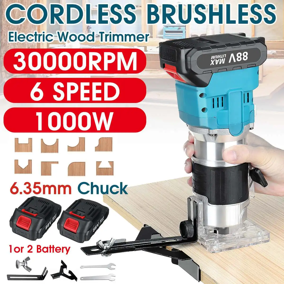 

6 Speeds 30000RPM 88V Brushless Cordless Electric Trimmer Rechargeable Wood Router Hand Trimming Machine for Makita 18V Battery