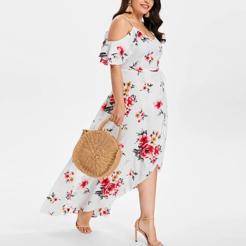 

ZITY 2021 Women's Summer Fashion Print Sexy Sling Dress Casual Short Sleeve Cold Shoulder Bohemian Elegant Long Dress 5XL