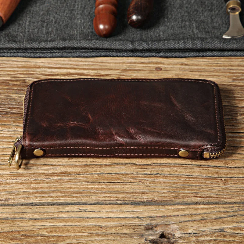 AETOO Long leather wallet made of hand-made vegetable tanning long for men pleated pure copper zipper |