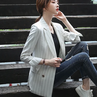 White Stripe Blazer Для женщин однобортный однотонный Блейзер Женский пальто трех до двенадцати лет Модные Пиджаки Верхняя одежда высокого качества, куртки, 5XL - Цвет: White Stripe Blazer