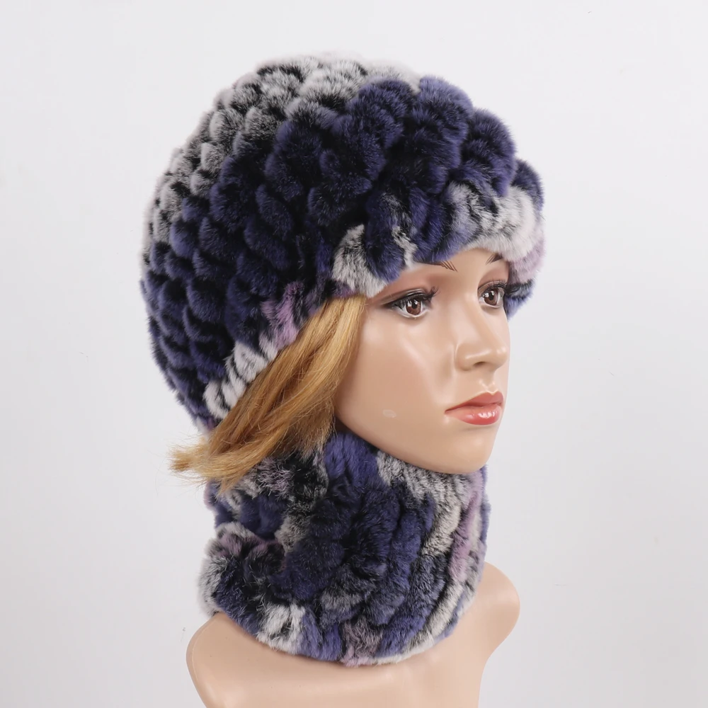 Новый Для женщин Настоящий мех кролика наборы шарф шапка натуральный енота