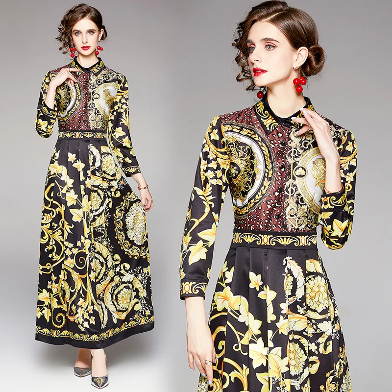 

European and American Fashion Elegant Office Lady Designer Prints Luxury Party Ruched Tunic Slim Party Button Shirt Maxi Dress