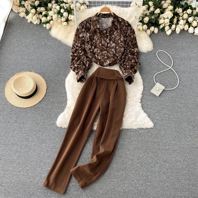 

New Spring Autumn Suit Women Pants 2 Piece Set Elegant Office Lady Outfits Lantern Sleeve Ruched Blouse Shirt +Pants Fashion Set