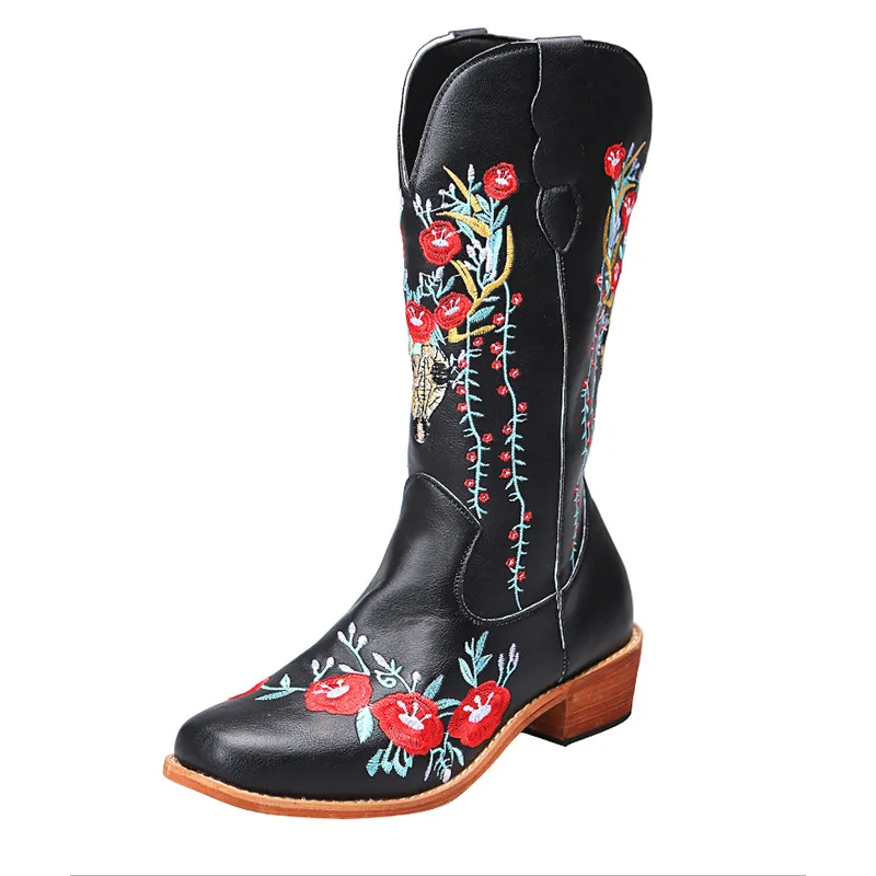 

Модные ковбойские сапоги для верховой езды, обувь на платформе, женские сапоги размера, с вышивкой, с цветочным принтом, в этническом стиле, ...