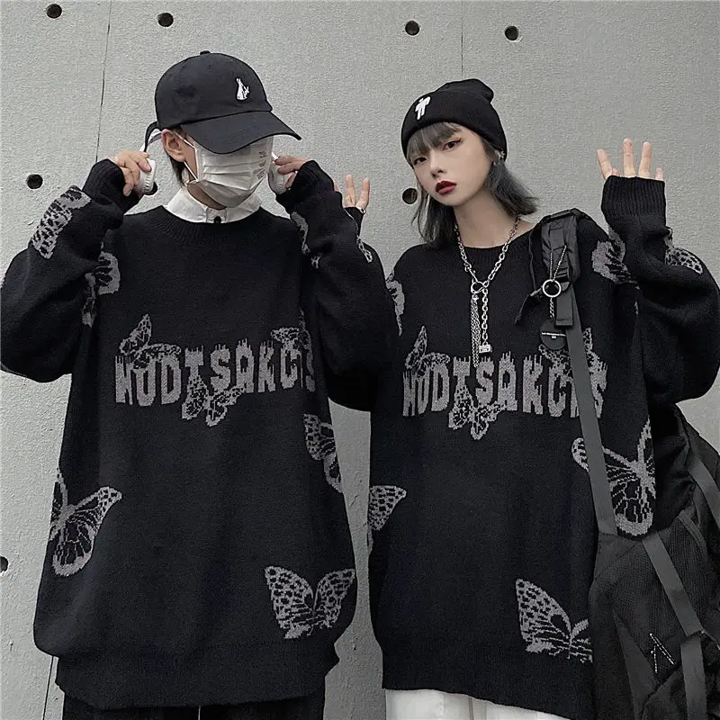 

Harajuku sweater Korean style garbage punk size sleeve clothes key sweater pullover Y2K full warm loose dark butterfly jacket
