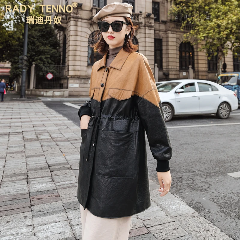 

JCHB 2021 New autumn winter genuine leather coat Women's Mid-length sheepskin windbreaker elastic casual coat contrast