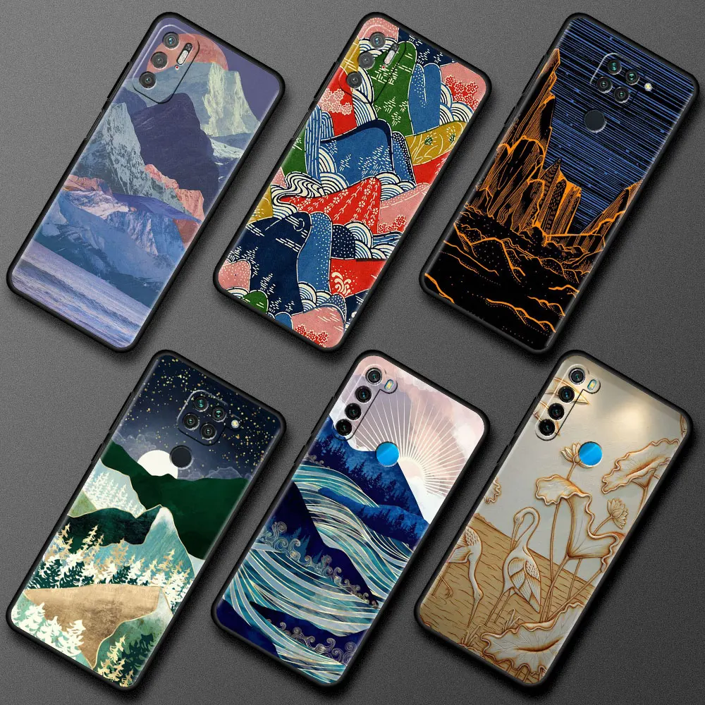 

JapaneseWashi Paper Art Case For Xiaomi Redmi Note 10 Pro 9 8 9S 11 10S 7 9A K40 9T 9C 8T Black Soft Shell Silicone Phone Cover