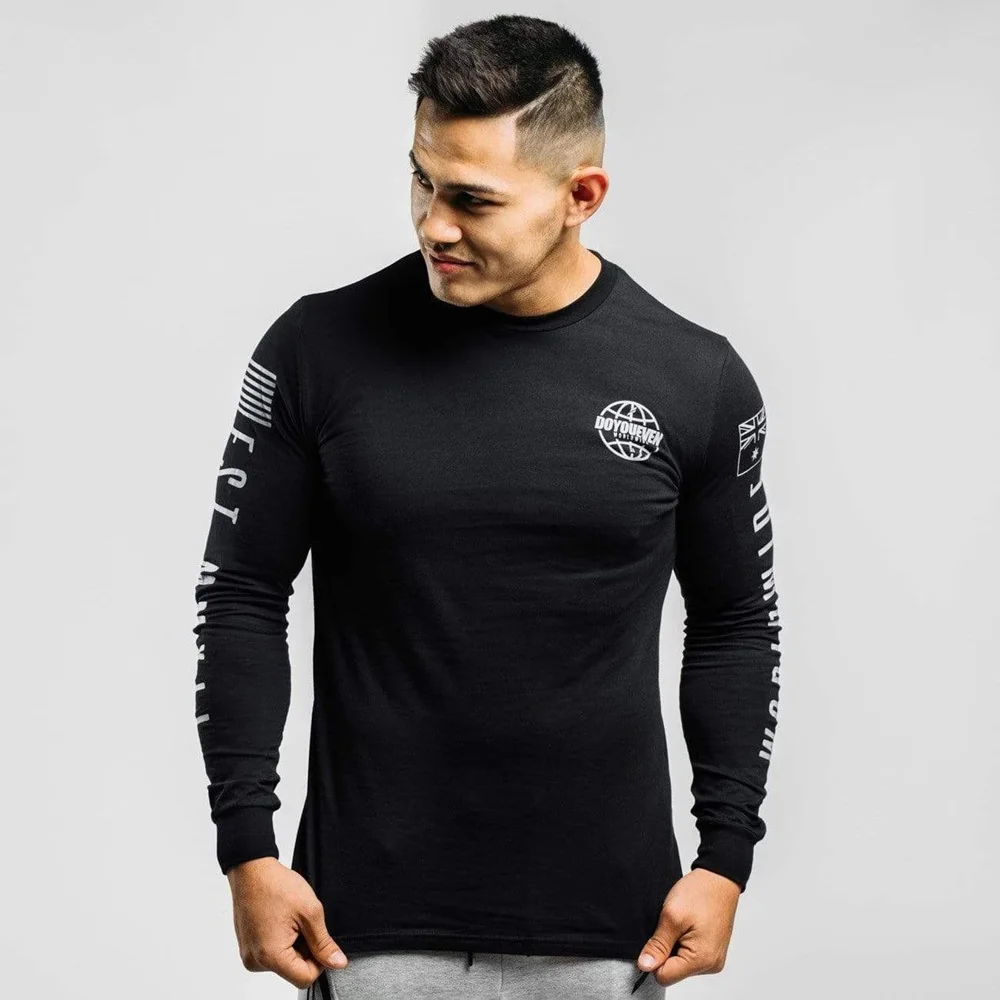 

Мужская хлопковая футболка с длинным рукавом, для бега, спорта, фитнеса, черная футболка с принтом, осенние мужские тренировочные топы, одеж...