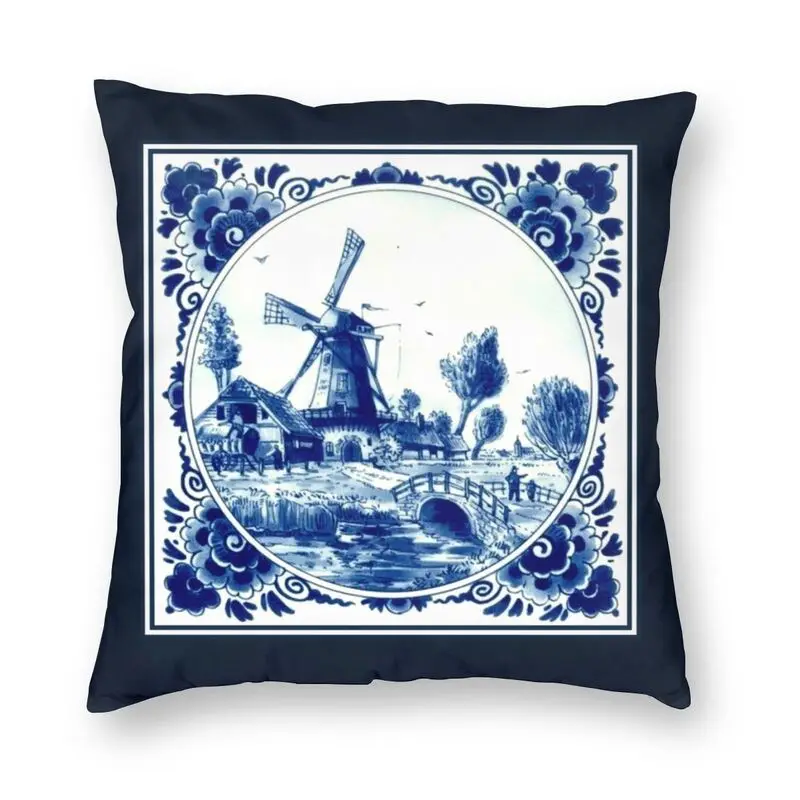 

Dutch Blue Delft Throw Pillow Cover Home Decor Custom Vintage Windmill and Bridge Art Cushion Cover 45x45 Pillowcover for Sofa