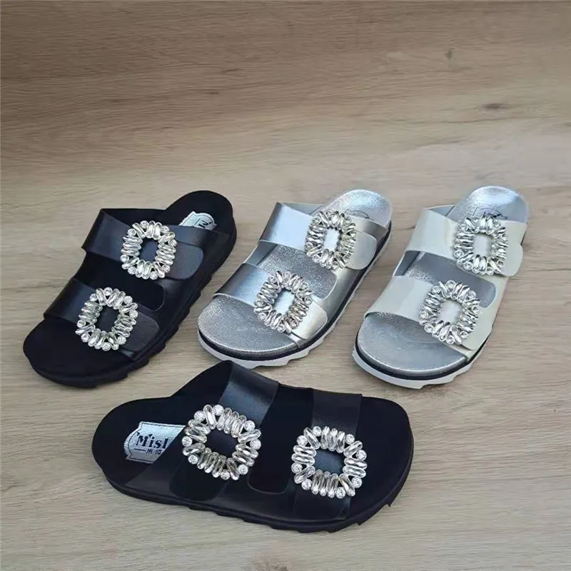 Female Shoes Slippers Casual Summer Clogs Woman Fringe Low Glitter Slides 2022 Luxury Genuine Leather Beach Jelly Crystal Fashio