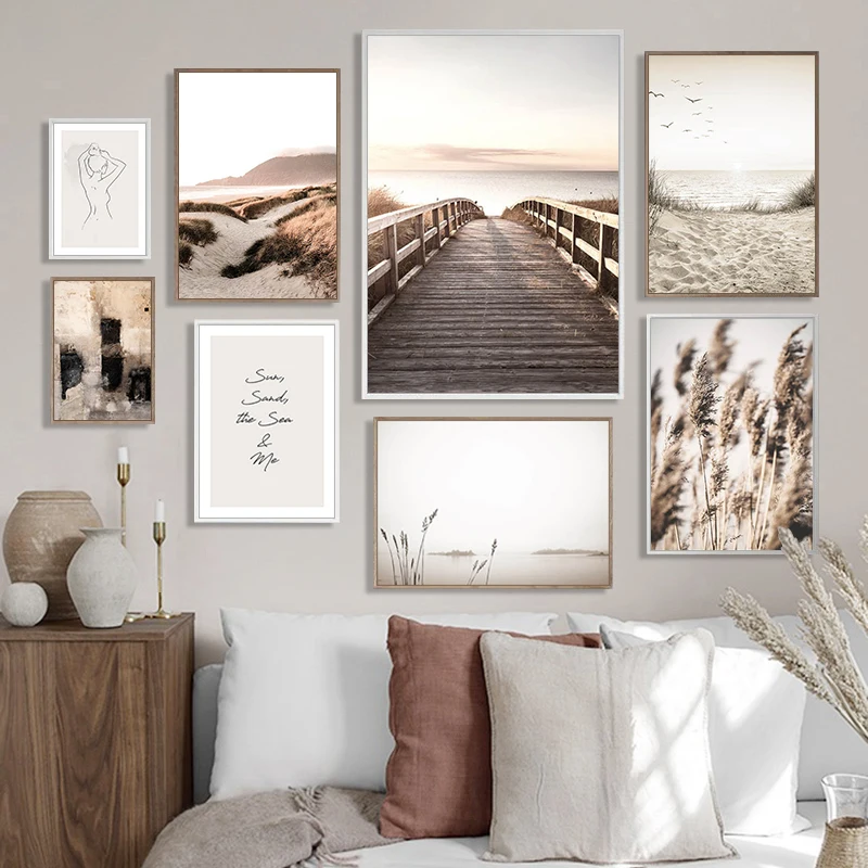 

Scandinavian Nature Landscape Canvas Painting Grass Bridge Beach Sunset Wall Art Poster Nordic Print Modern Picture Home Decor