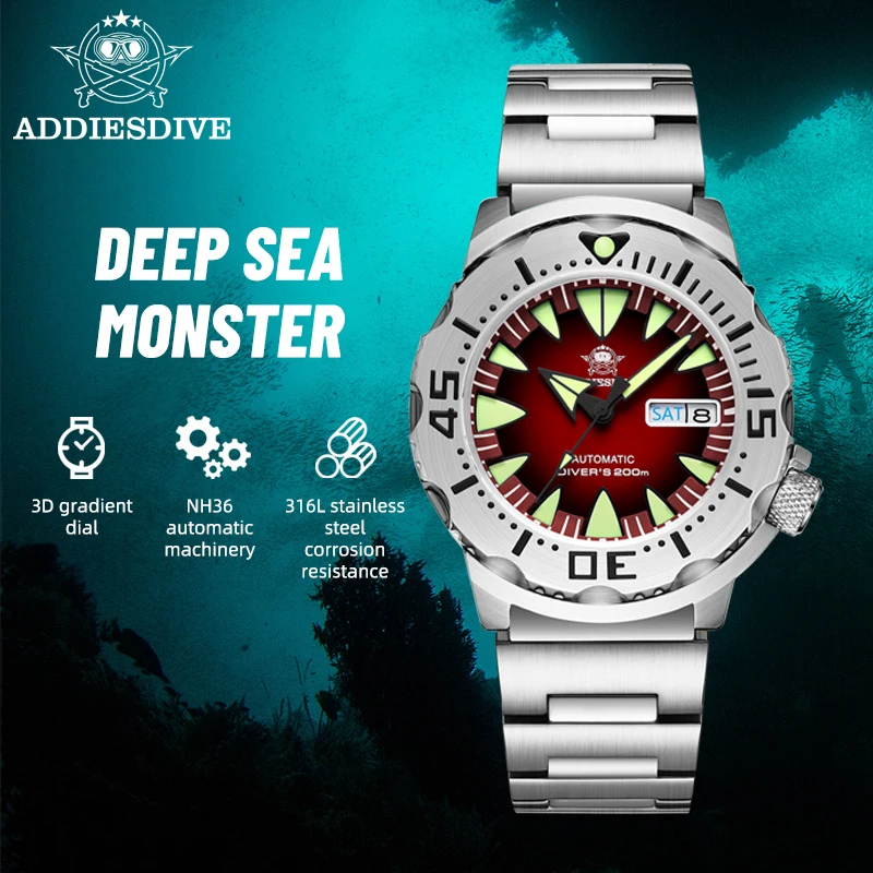 

Addiesdive Monster Watch Men Stainless Steel Red Dial Sapphire C3 Luminous NH36A Automatic Mechanical Watches 20Bar Waterproof