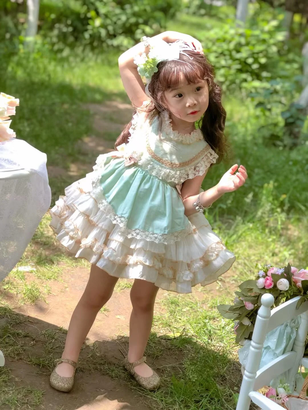 

Baby Girl Green Pink Purple Vintage Spanish Ball Gown Lolita Princess Dress for Birthday Eid Holiday