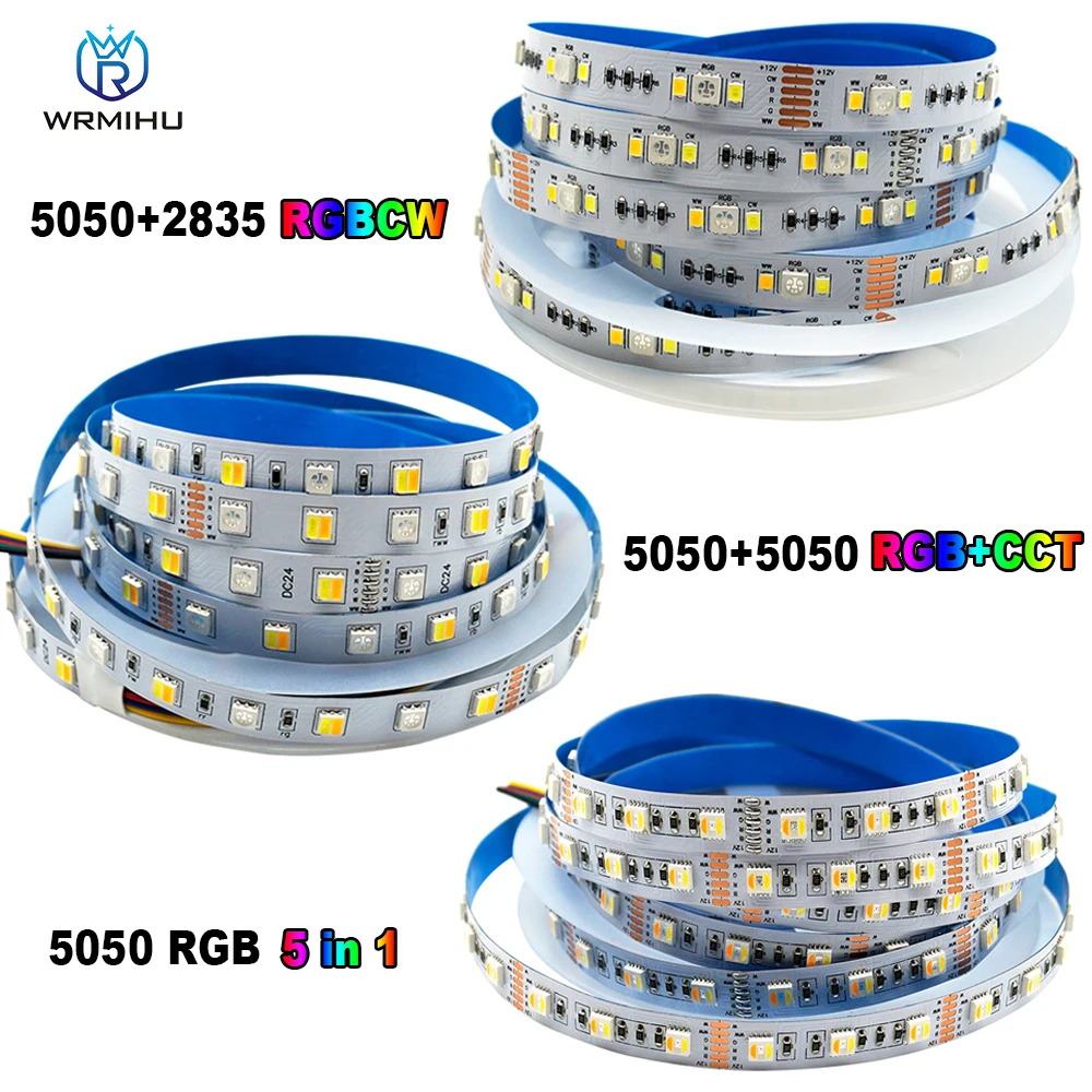 DC12/24V 5050 5 in1 RGB+CCT (RGB+White+Warm White) Flexible 5m 60LED/m LED Strip Light For Display Cabinet Decorative Lighting