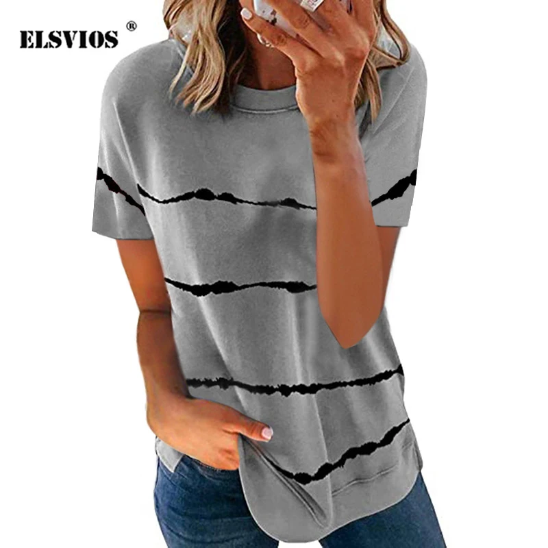 

Summer Female Clothing Tie-Dye Printed Striped Loose Casual Round Neck Short-Sleeved T-Shirts Women Relaxed Urban Leisure Tops