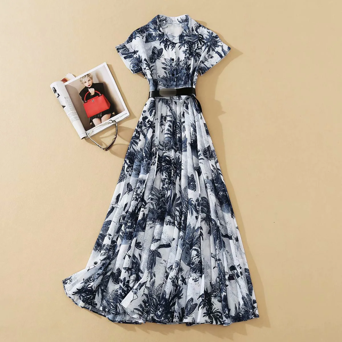 

2021 Spring Summer Dress Blue Flora Print Lapel Neck Short Sleeve Empire Fashion Womens Dress