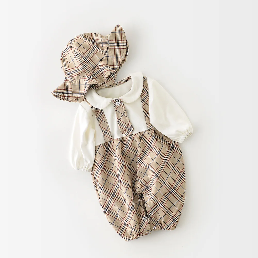 

2021 spring and autumn new baby sibling clothes Japanese college style tie long sleeve round neck romper jumpsuit with hat