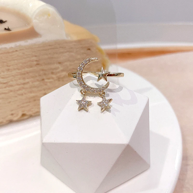 

New Trendy 14k Real Gold Charm Moon Pentagram Rings for Women Jewelry Adjustable Opening Design Brilliant AAA Zircon Party Gift