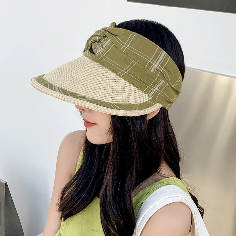 

Summer Sun Hats Women Fashion Girl Straw Hat All-Match Lattice Bow Beach Hat Straw Empty Top Sun Hat Panama Hat Bone Feminino