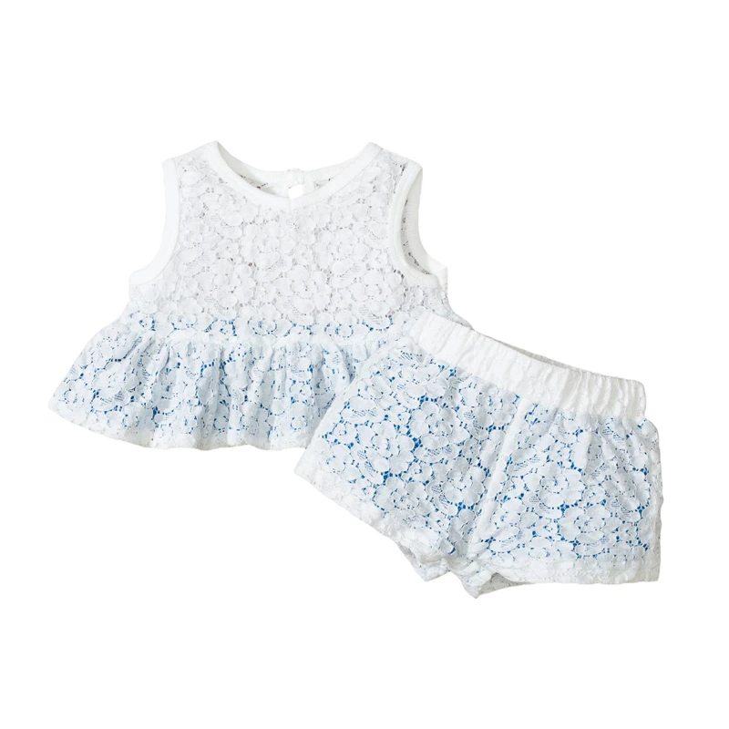 

Летние Одежда для маленьких девочек милое кружевное Комплекты одежды круглый вырез горловины с оборками, без рукавов, с расклешенным подол...