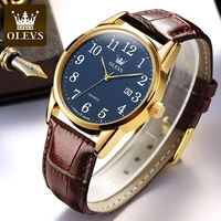 olevs new man luxury leather waterproof strap automatic quartz watch scratch resistant watches mirror luminous hands 5566