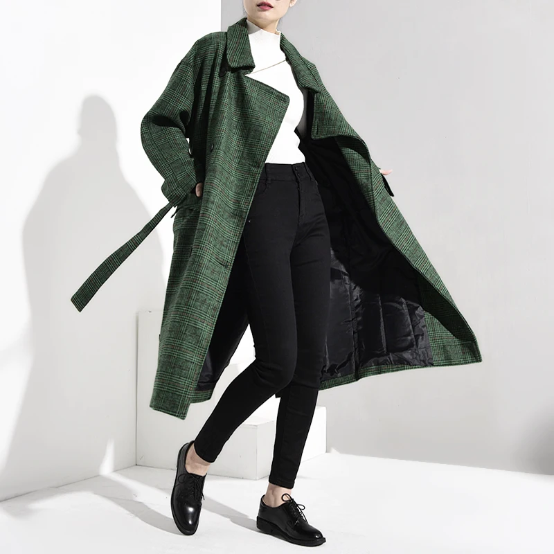 LANMREM 2018 модное осеннее двубортное повседневное свободное зеленое клетчатое