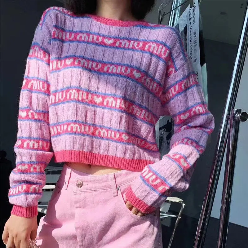 

2021 new rose purple short sleeve knitted women's autumn winter letter loose long sleeve brand Knitted Top short sleeve