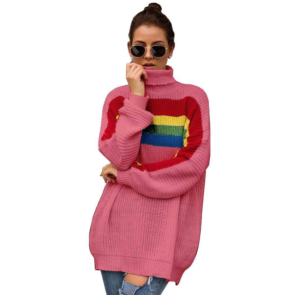 Осенне-зимний Новый стильный женский свободный вязаный свитер с высоким воротом