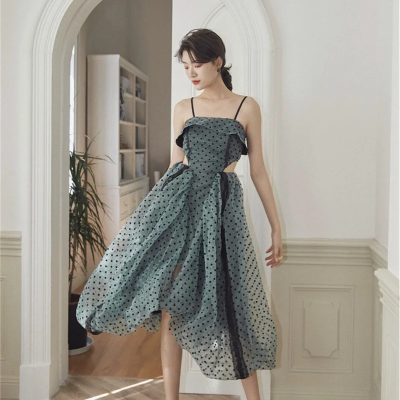 

Vintage Chic Fashion Dress Square Neck Polka Dot Mesh Stitching Suspender Hollow Out Waist French Midi Dresses Vestidos Robe New