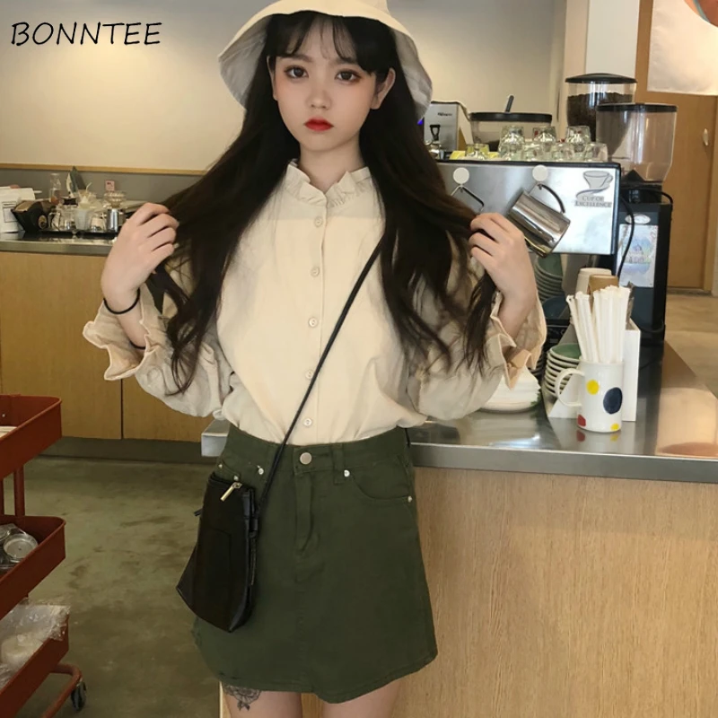 

Blouses Shirts Women Solid Ruffled Collar Flare Sleeve Elegant Korean Style All-match Womens Chic Fashion Leisure Preppy Teens