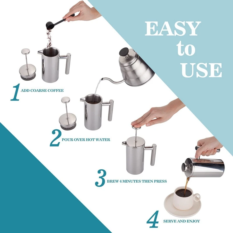 

350ML French Press,12Oz, Double Wall Stainless Steel Tea Cafetiere Kettle, with Coffee Measuring Spoon &2 Filter Sns